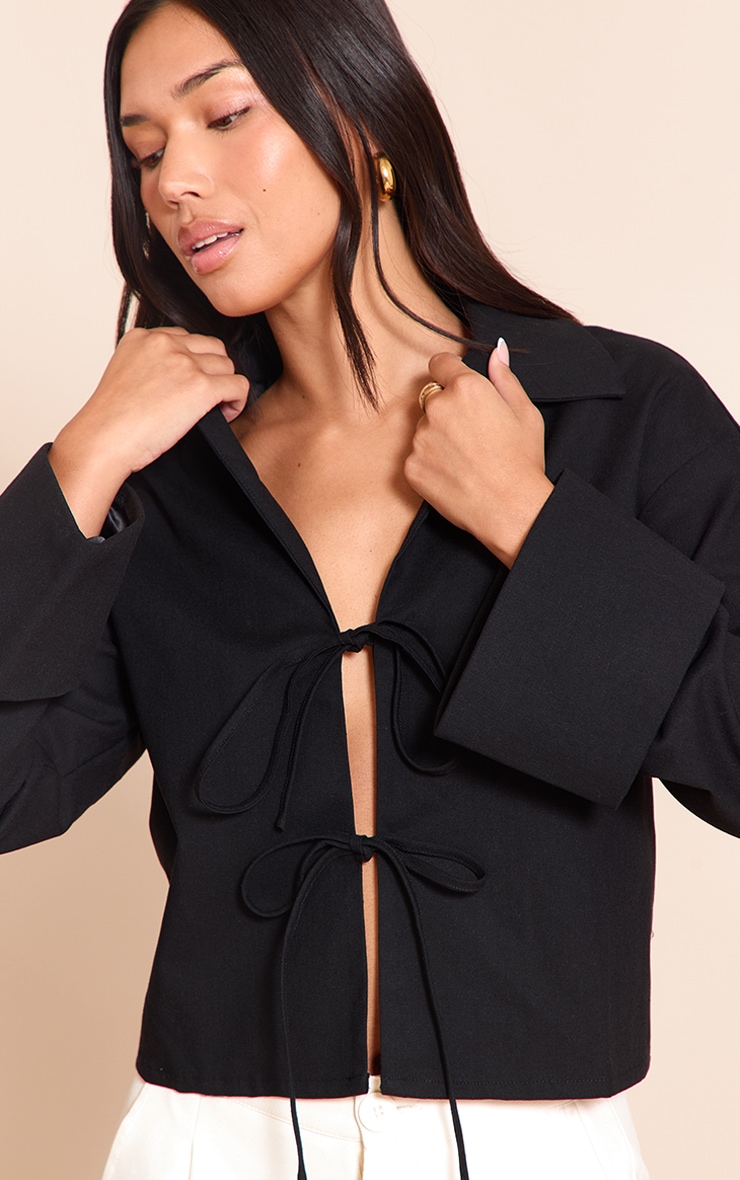 Linen Look Tie Front Structured Shirt image 4