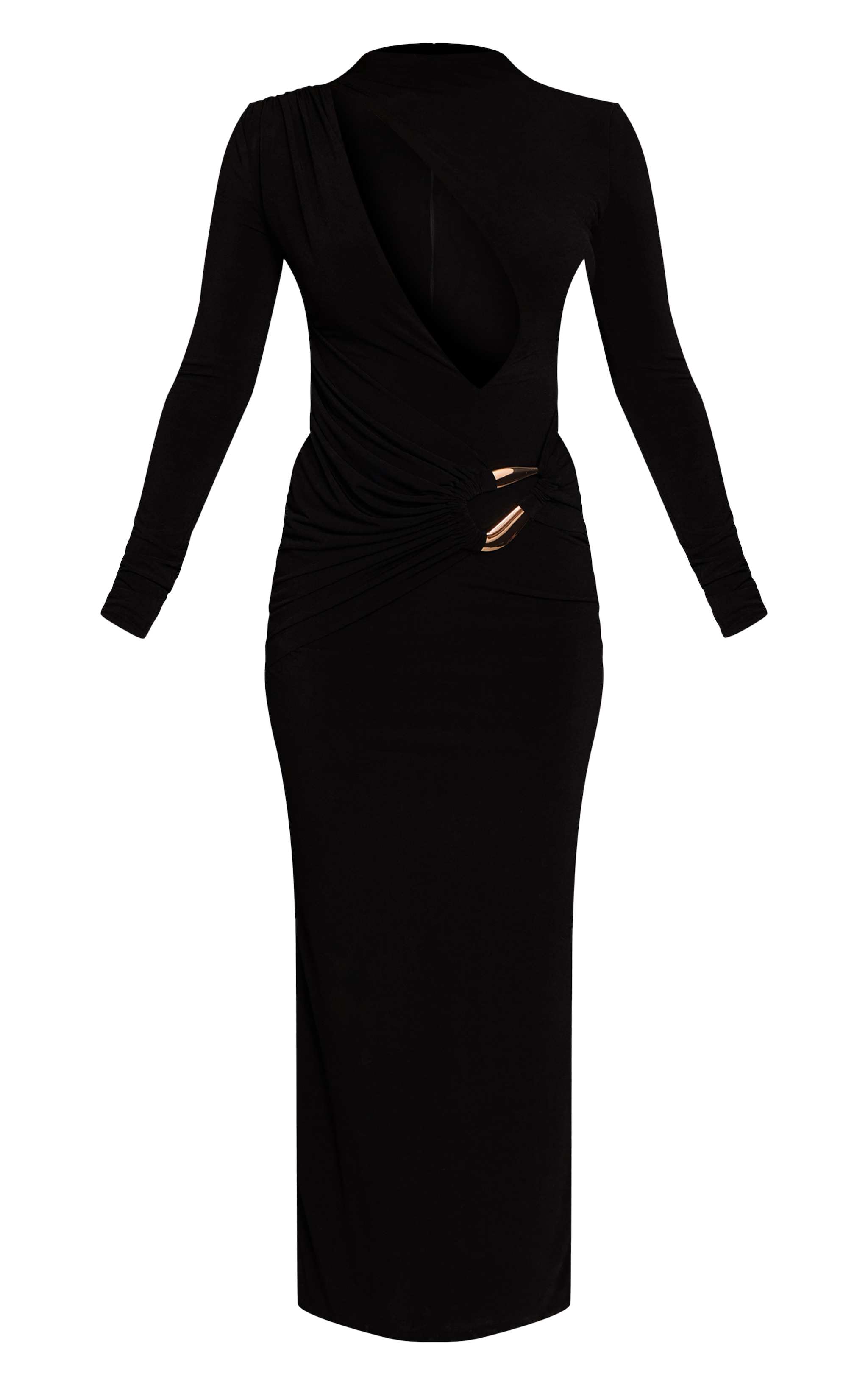 PLT Label Black Double Layer Slinky Trim Detail Asymmetric Plunge Maxi Dress image 5