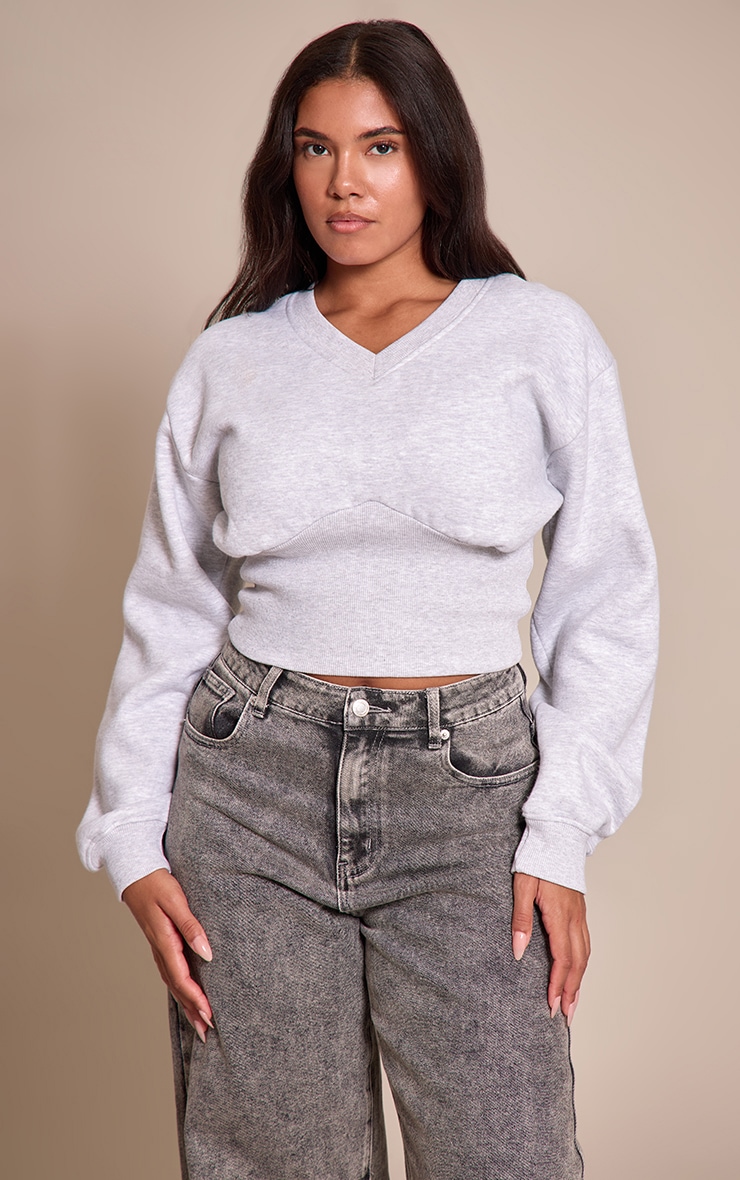 Shape Grey V Neck Cinched Waist Sweatshirt