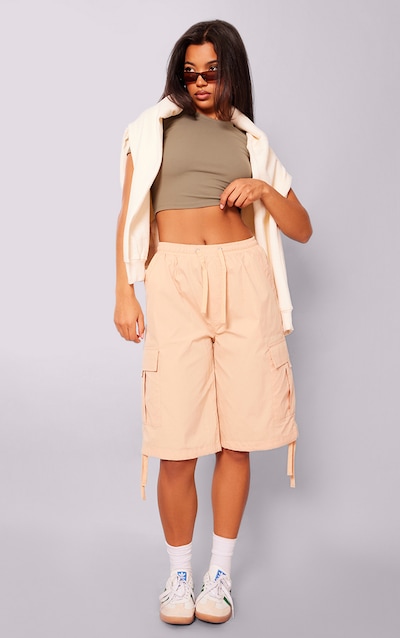 Camel Ripstop Drawstring Oversized Long Cargo Shorts