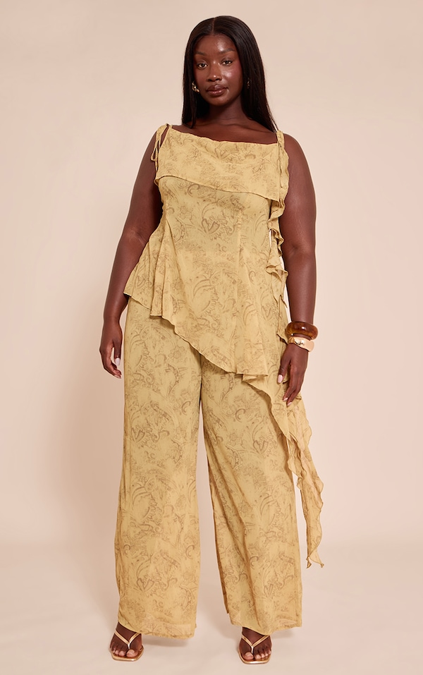 Plus Pantalon droit en mousseline de soie chartreuse imprimé abstrait