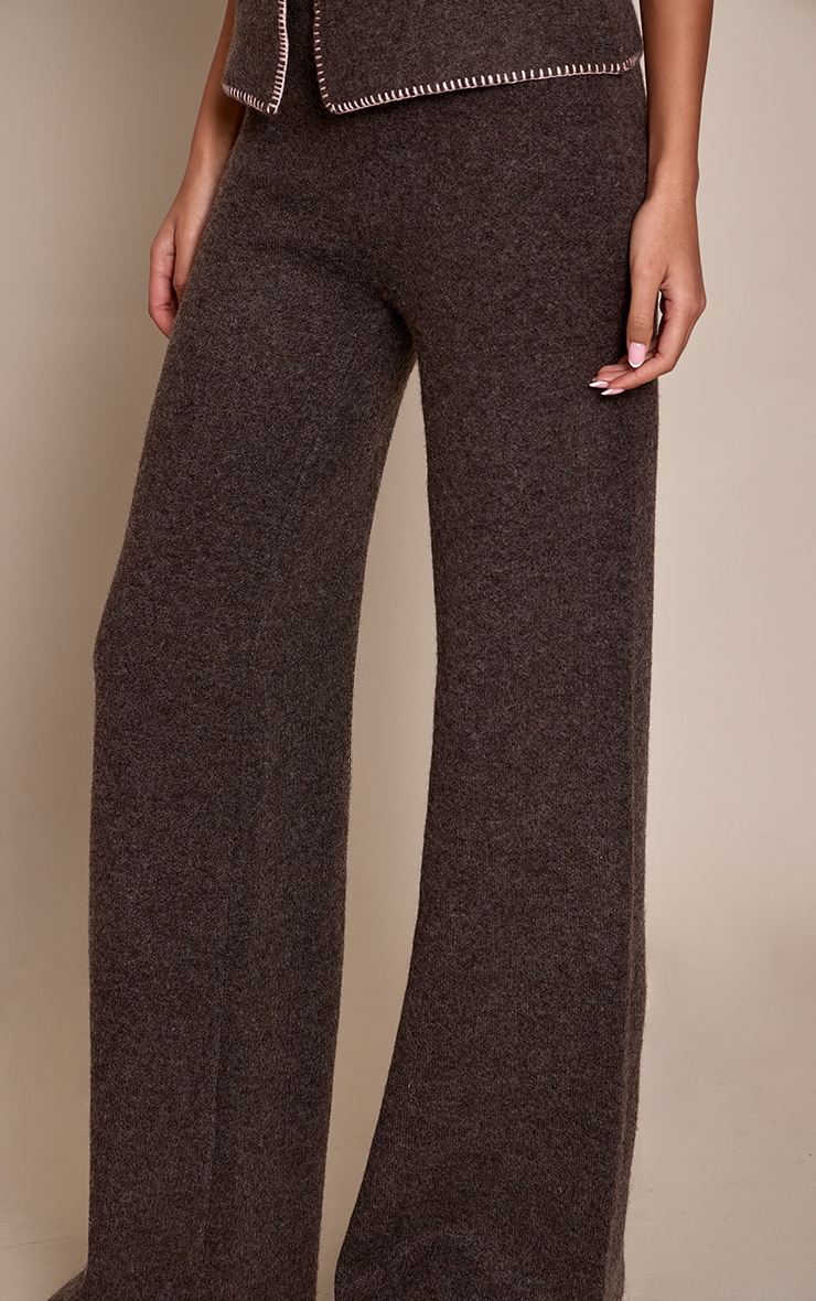 Tall Chocolate Brushed Wool Knit Blanket Stitch Wide Leg Trouser  image 4