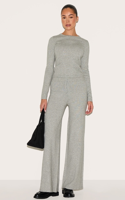 Ash Grey Soft Knit Drawstring Waist Wide Leg Pants