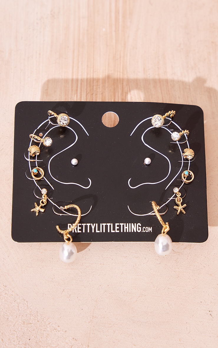 Gold Multipack Shell And Pearl Cuff Earrings image 2