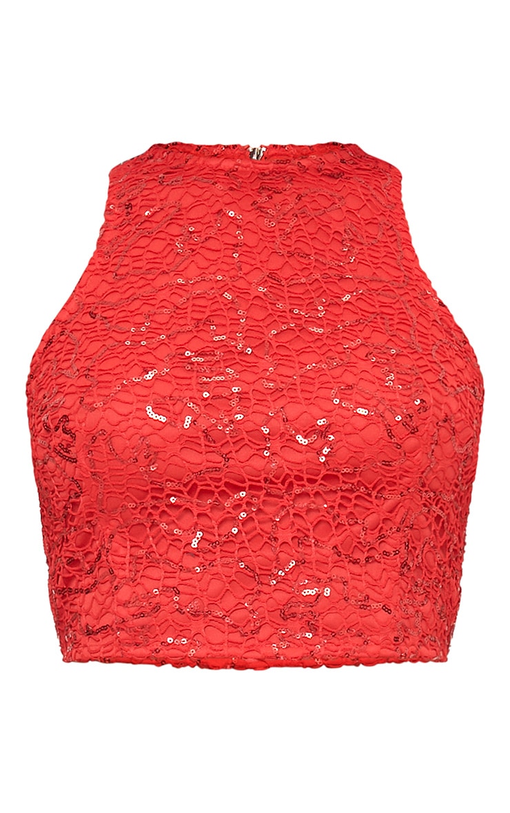 Adreana Red Sequin Lace Crop Top. Tops PrettyLittleThing USA