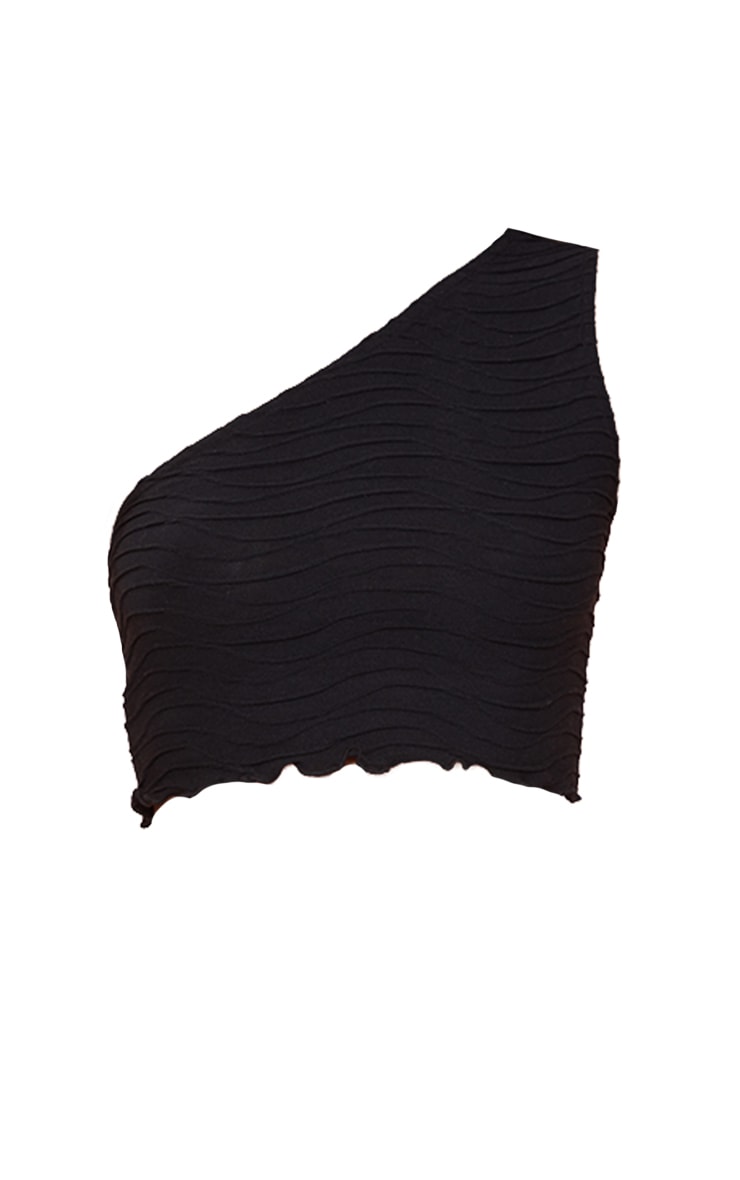 Black Ripple Rib One Shoulder Crop Top image 3