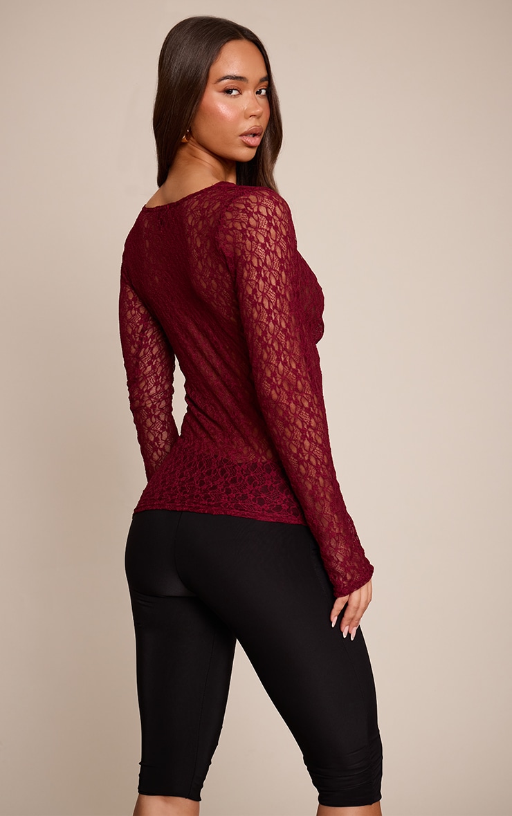 Plum Sheer Lace Cowl Neck Long Sleeve Top  image 2