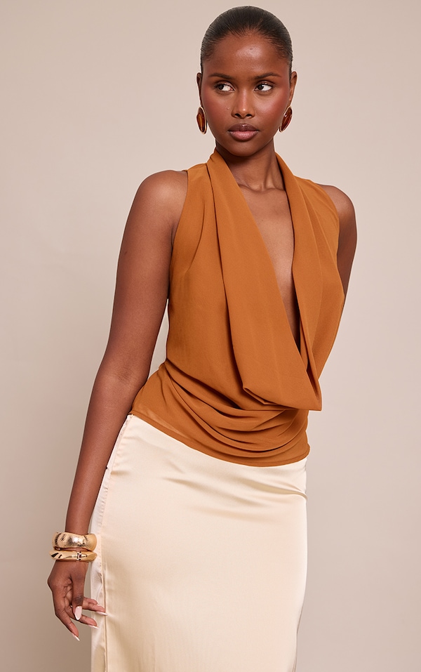 Tan Chiffon Extreme Cowl Neck Detail Long Top