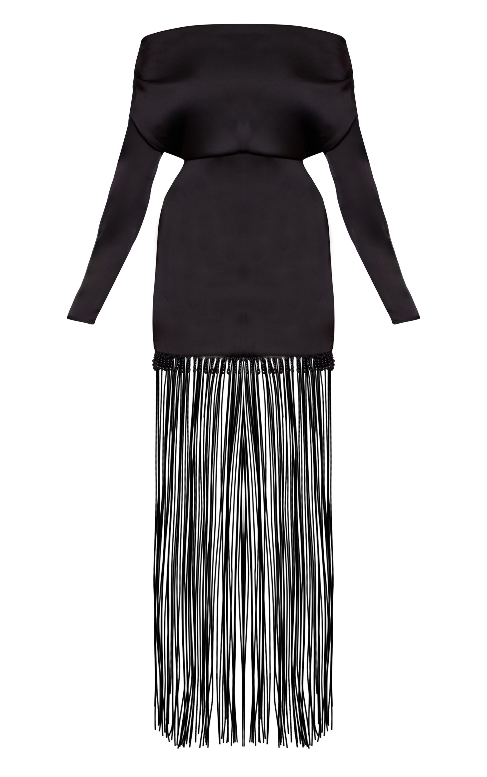 Black Satin Beaded Tassel Hem Detail Maxi Dress image 5