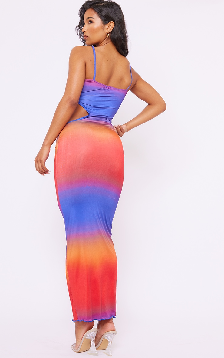 Multi Ombre Print Slinky Ring Detail Cut Out Maxi Dress image 2