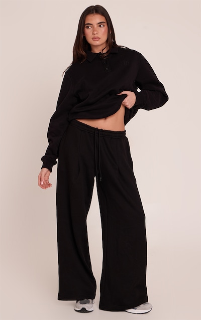 Black Pleat Detail Extreme Wide Leg Track Pants