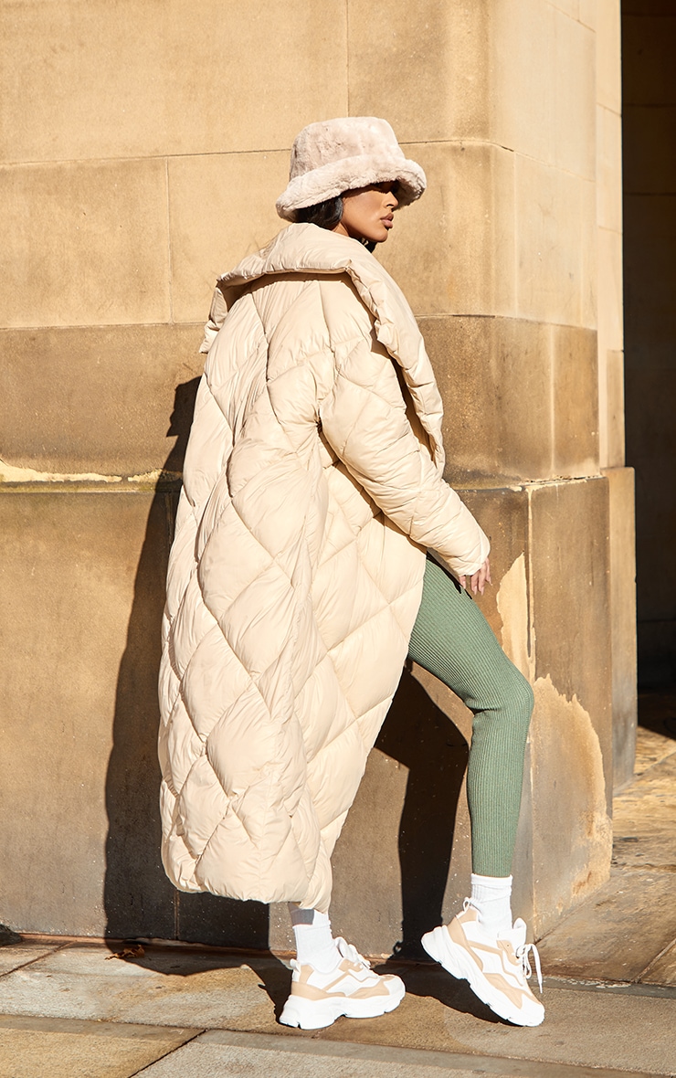 Cream Soft Nylon Diamond Quilted Maxi Oversized Puffer image 2