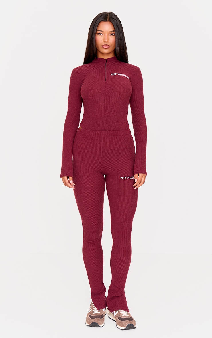 PRETTYLITTLETHING Plum Crinkle Rib Half Zip Bodysuit image 3