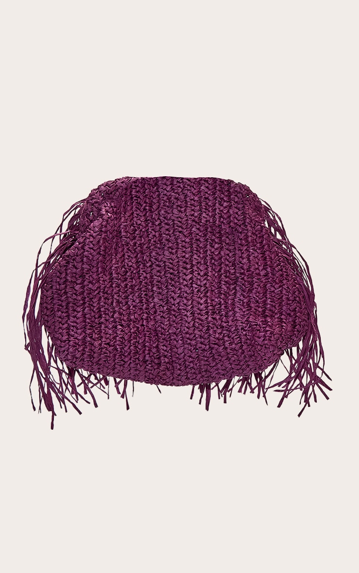 Plum Slouchy Raffia Fringe Clutch image 4