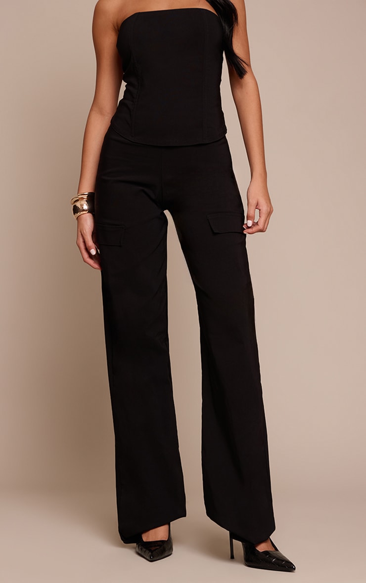 Black Stretch Woven Low Rise Cargo Trousers image 2