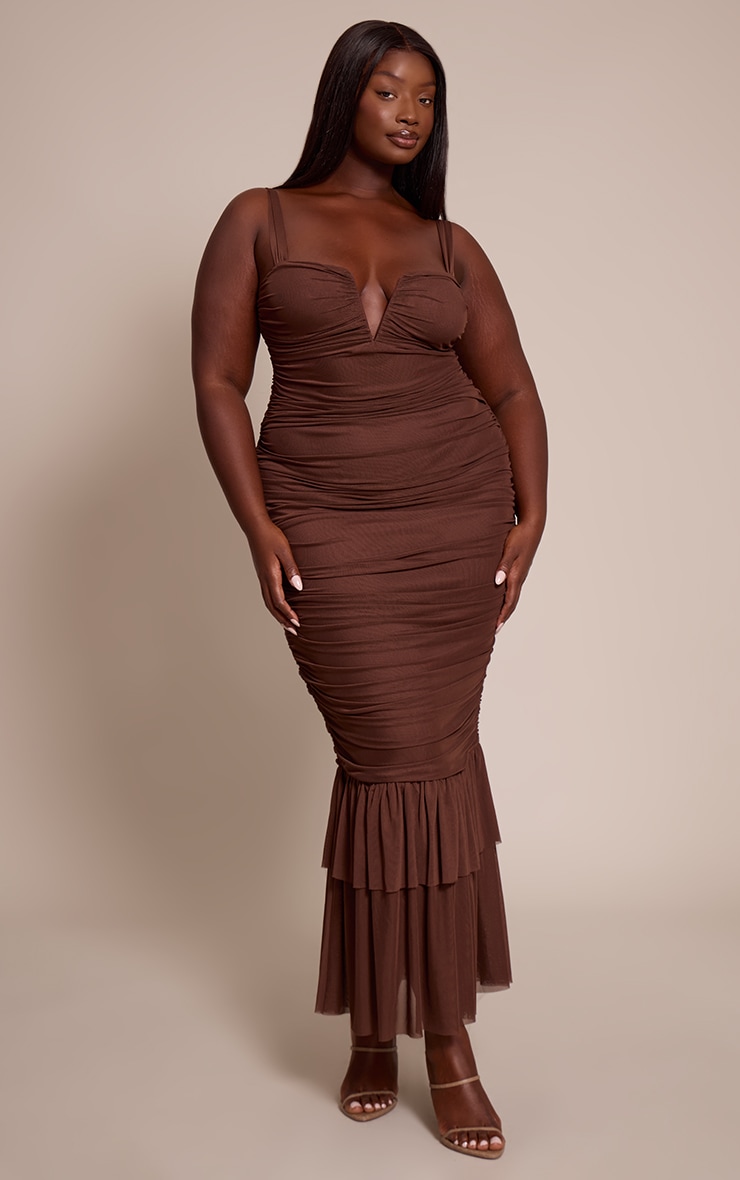 Plus Chocolate Mesh Plunge Neck Ruched Midaxi Dress image 1