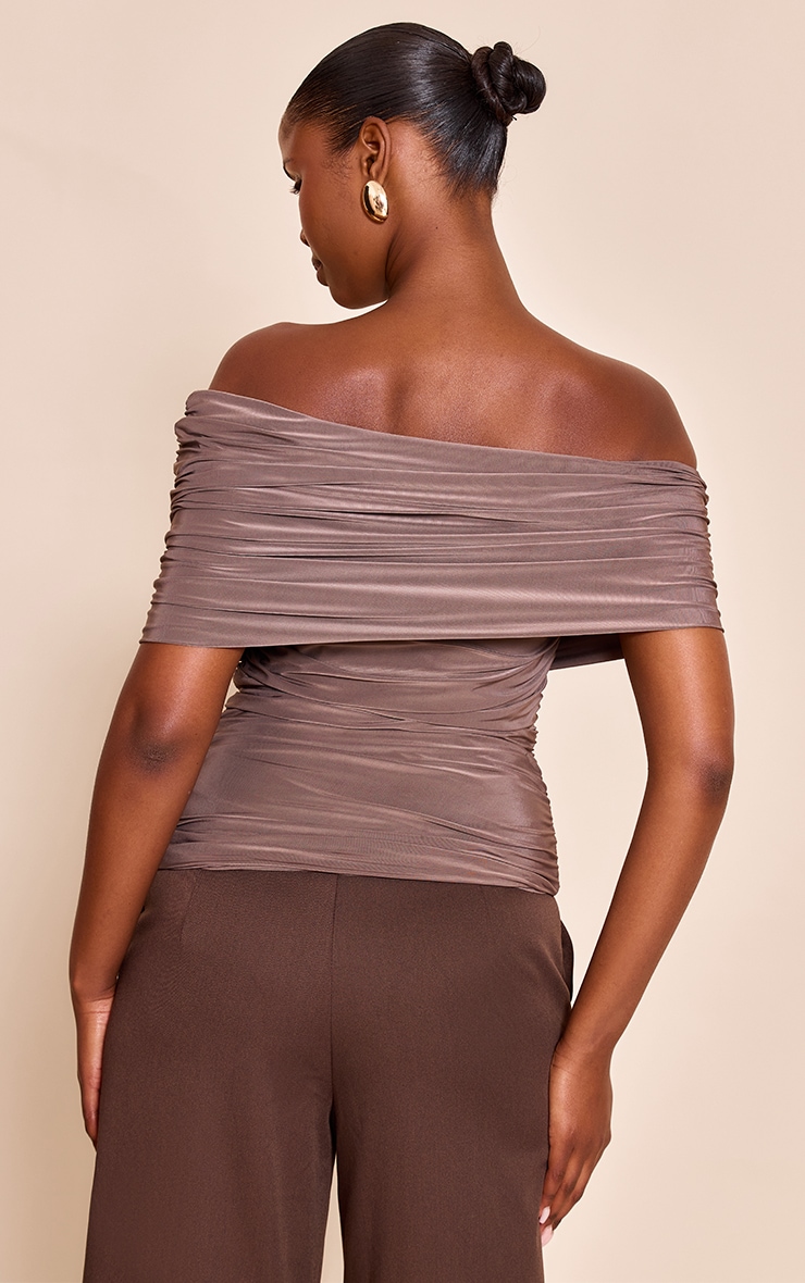 Mushroom Double Layer Slinky Ruched Bardot Long Top image 2