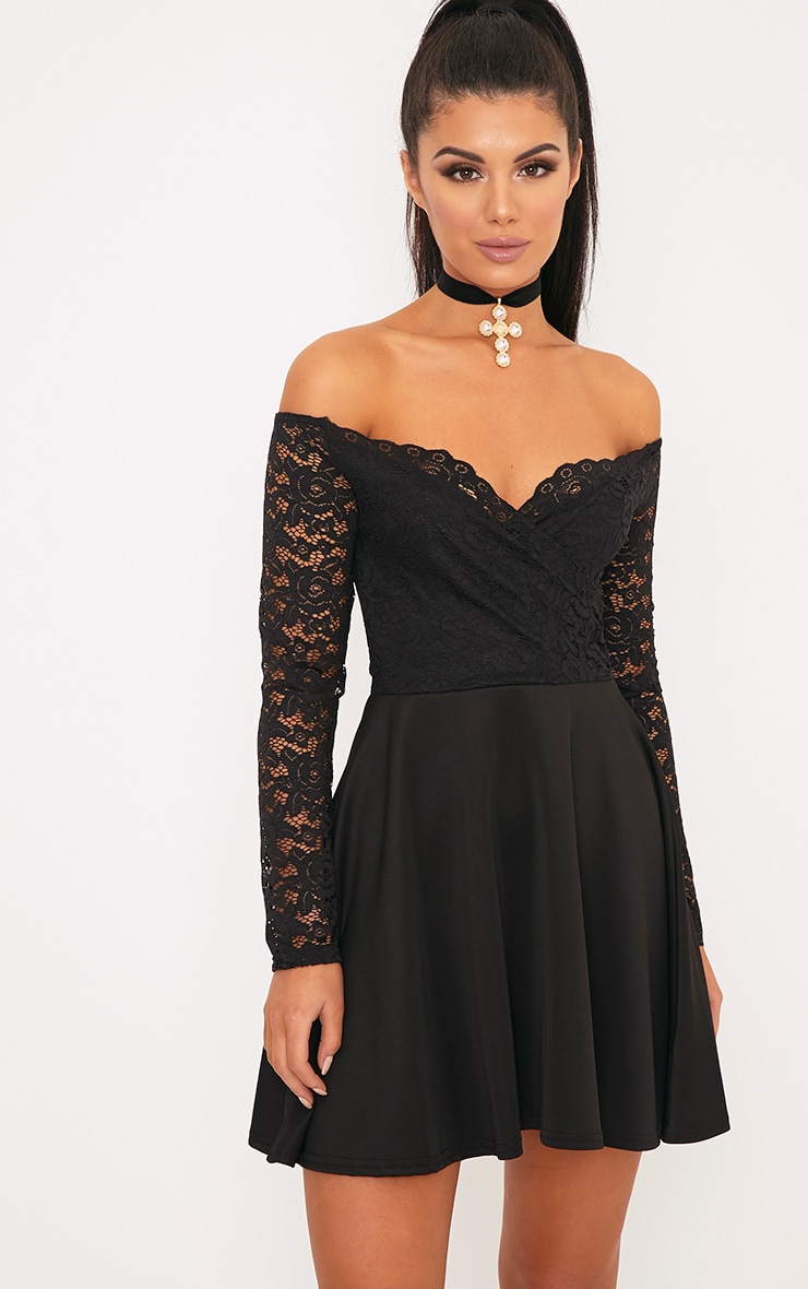 black lace bardot dress