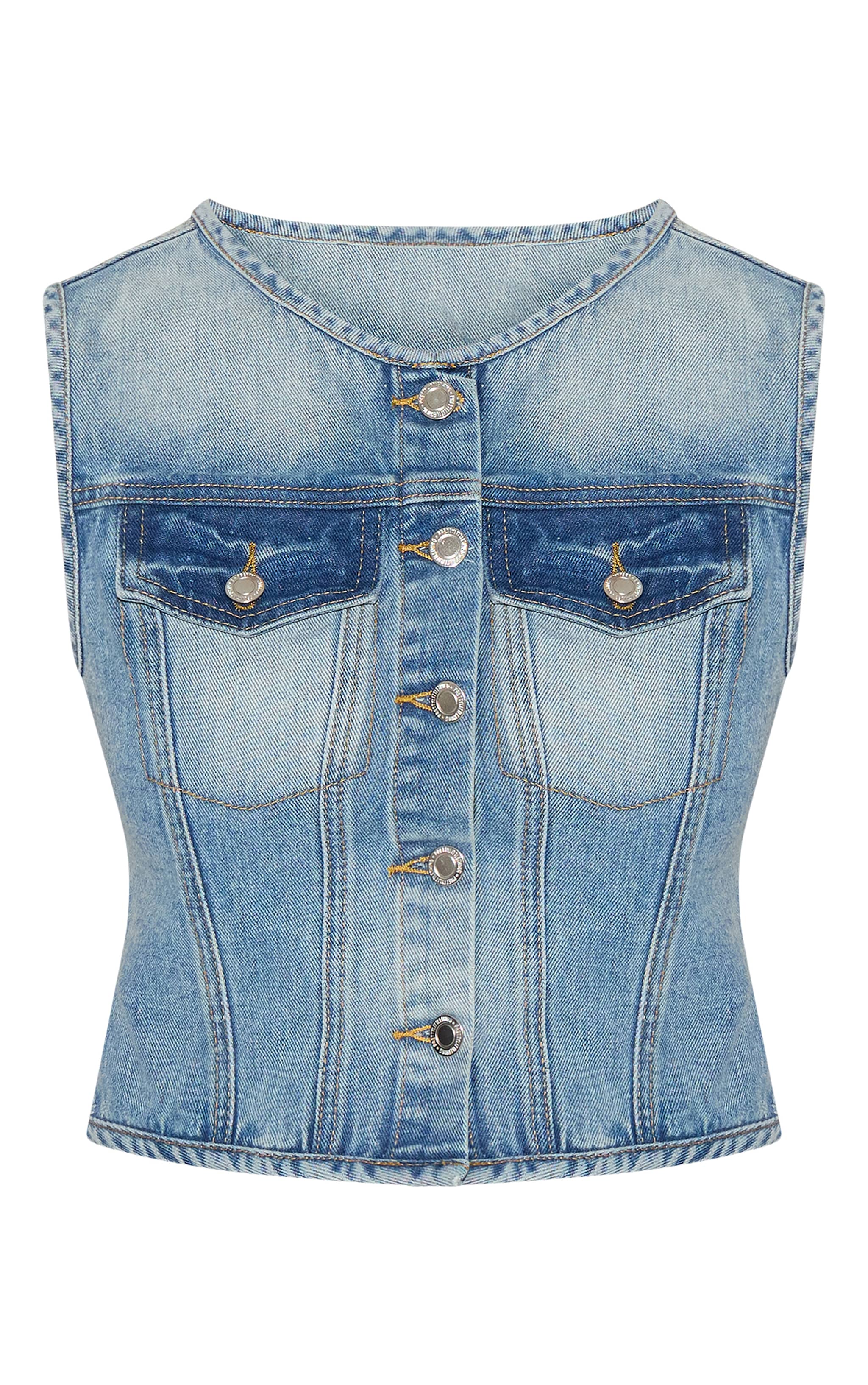 Mid Blue Wash Round Neck Sleeveless Denim Crop Top image 5