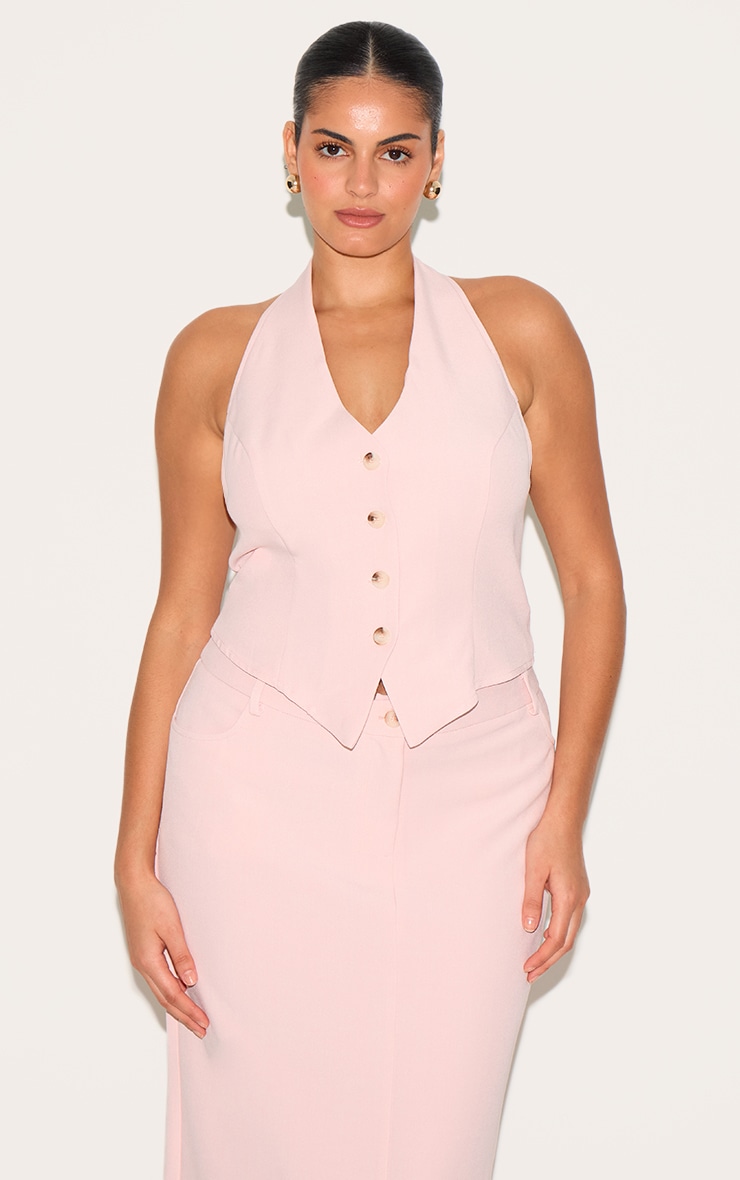 Plus Light Pink Tailored Woven Backless Halterneck Vest image 1