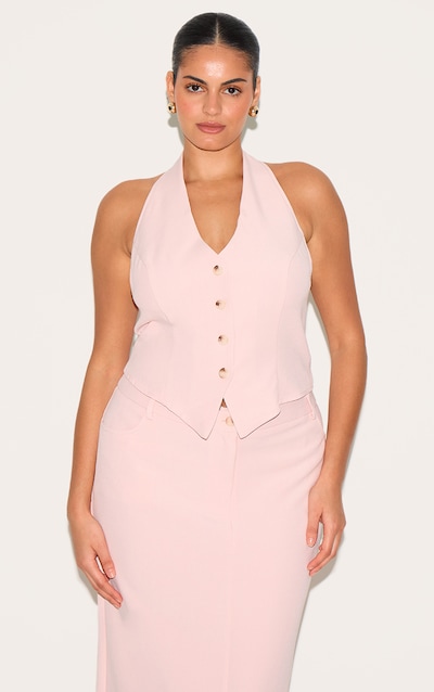 Plus Light Pink Tailored Woven Backless Halterneck Waistcoat