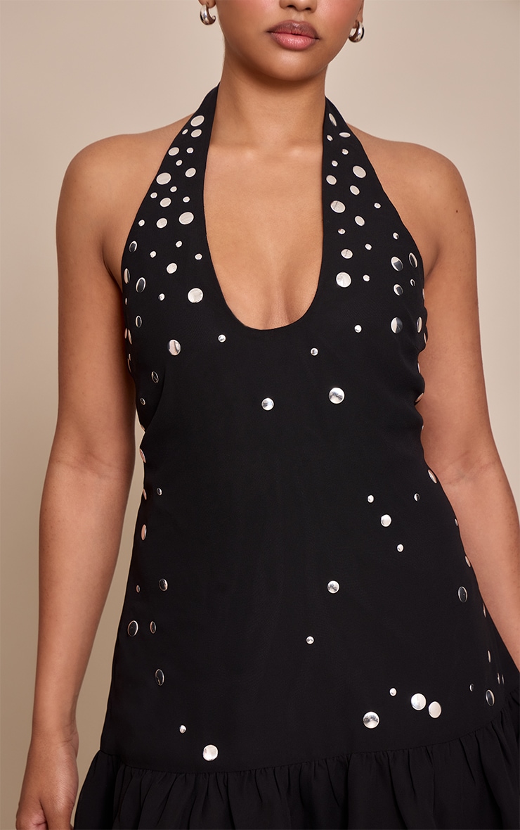 Petite Black Ruffle Stud Detail Halterneck Dress image 4