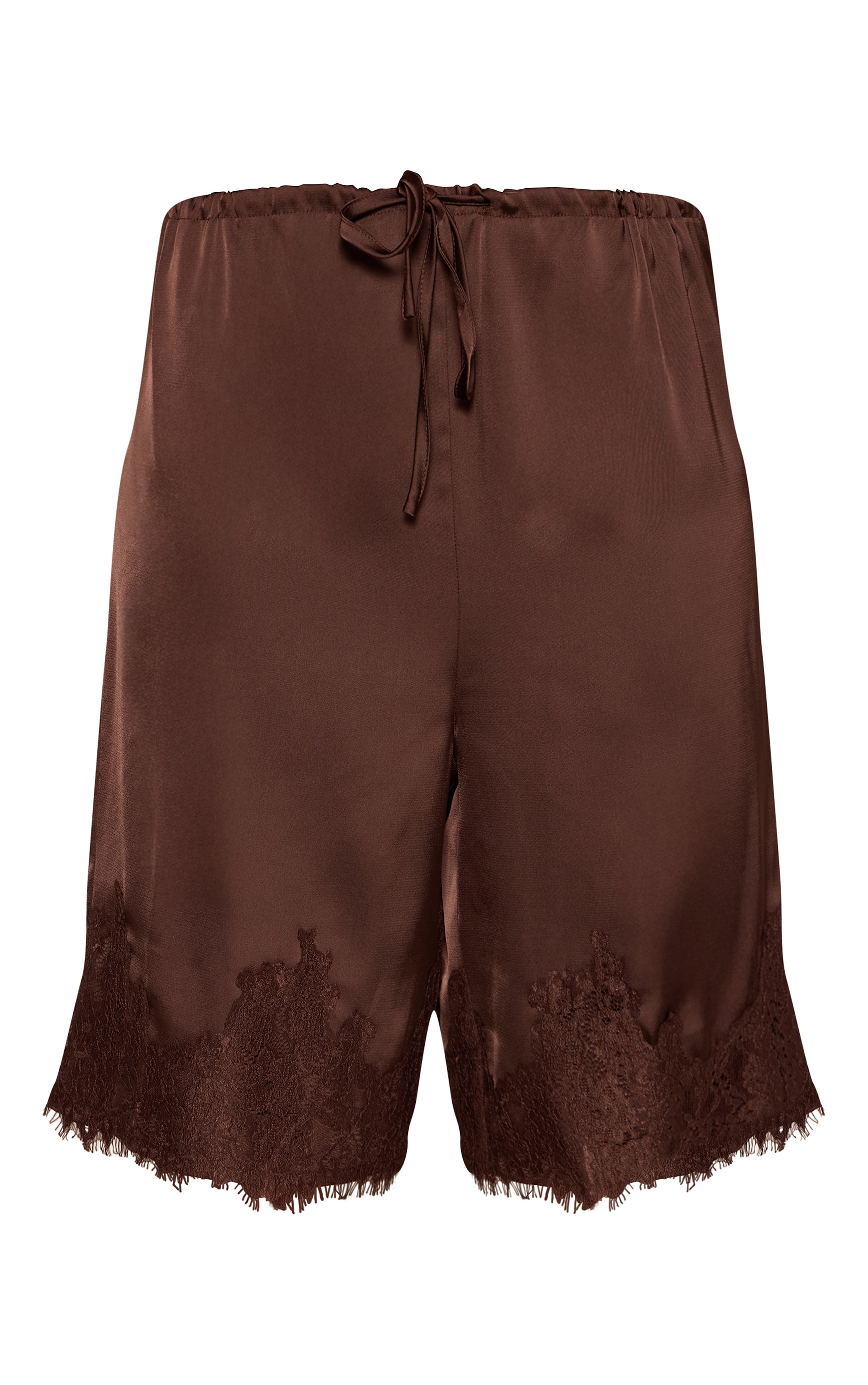 Chocolate Satin Lace Detail Long Shorts  image 6