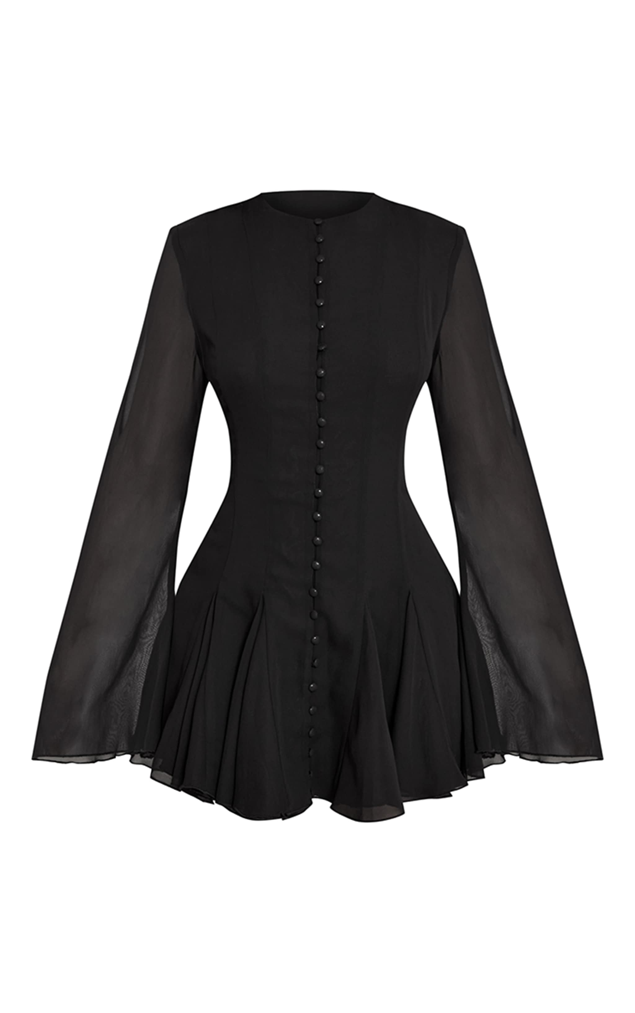 Petite Black Button Detail Long Sleeve Mini Dress image 5