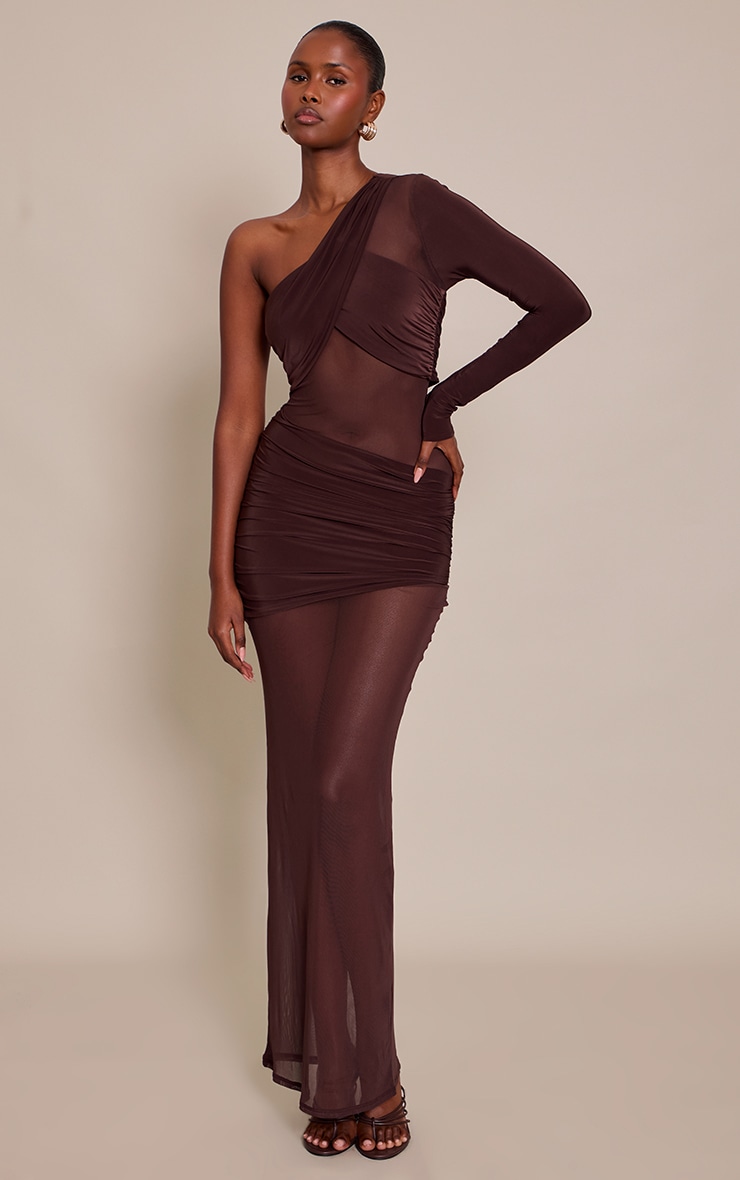 Chocolate Mesh Cut Out Detail One Sleeve Maxi Dress image 3