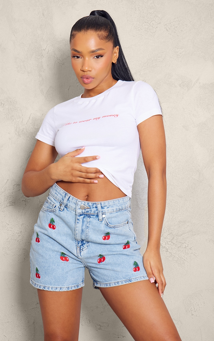 Mid Blue Wash Cherry Embroidered Shorts image 4