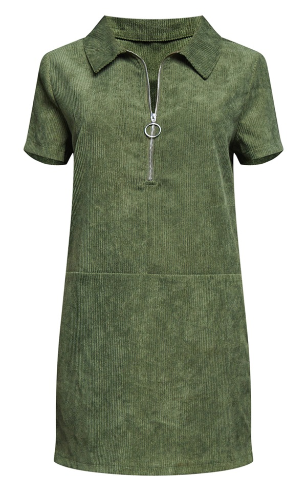 Khaki Stripe Frilled Collar Half Sleeve Shirt Maxi Dress