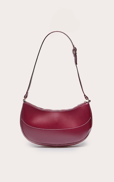 Burgundy PU Contrast Stitch Shoulder Bag