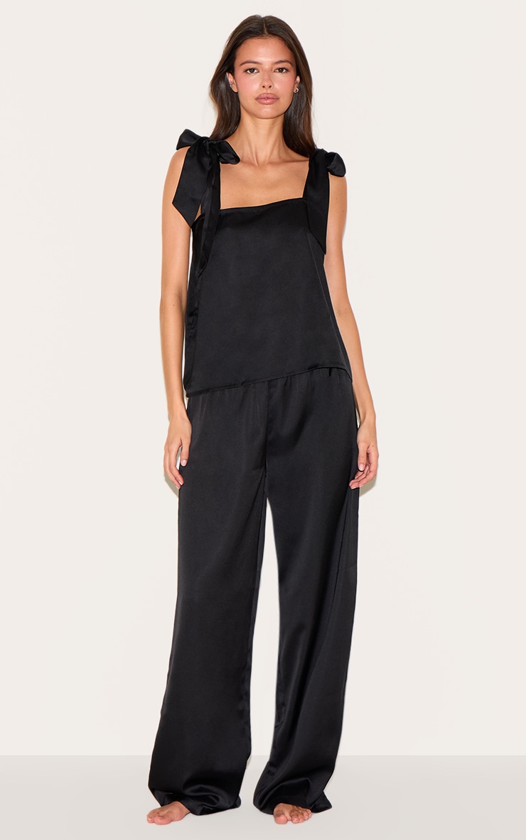 Black Satin Ribbon Tie Cami Long Pj Set image 1