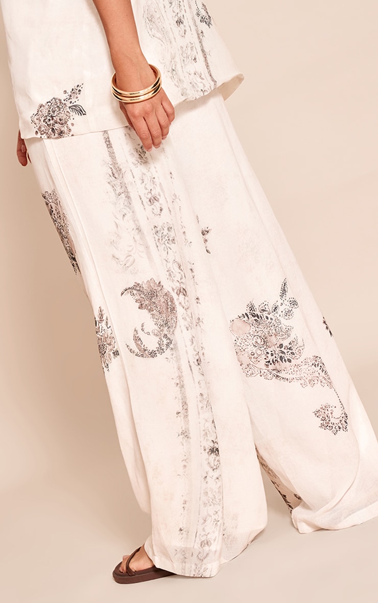  Cream Paisley Print Woven Tailored Extreme Wide Leg Pants image 3