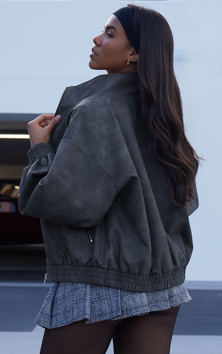 Charcoal Textured Faux Leather High Neck Bomer Jacket image 2
