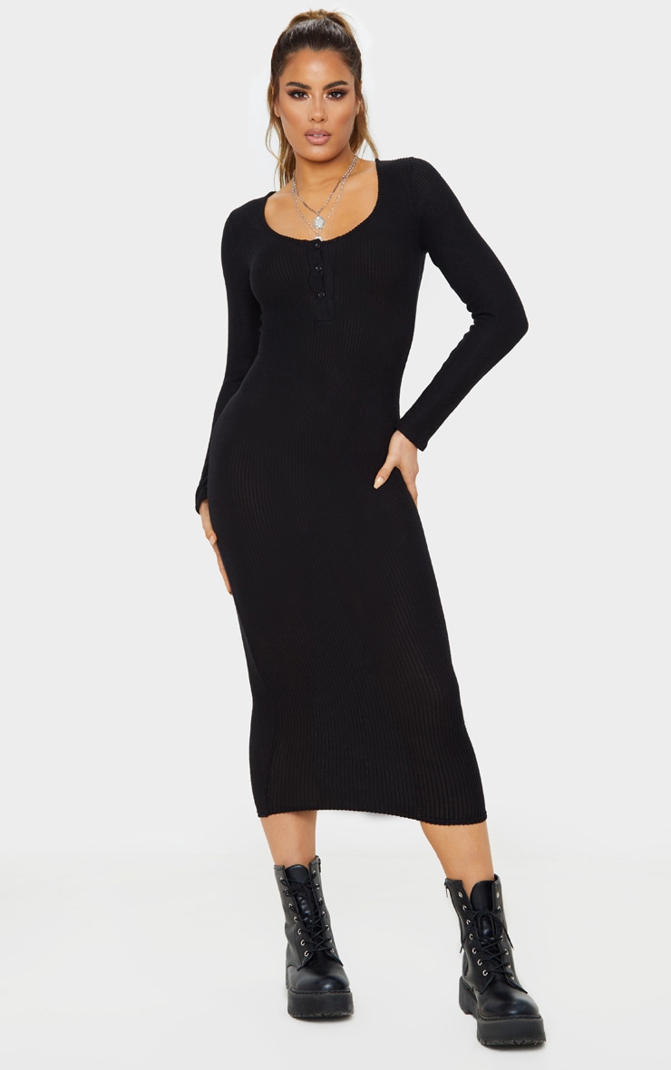 Tall Black Soft Rib Button Front Long Sleeve Midi Dress