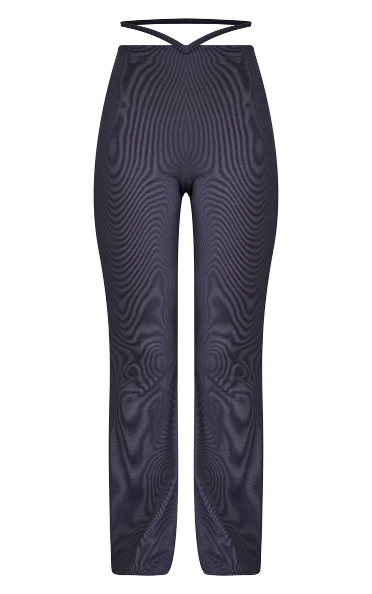 Charcoal Grey Ribbed Tie Detail Flare Leg Trousers image 5