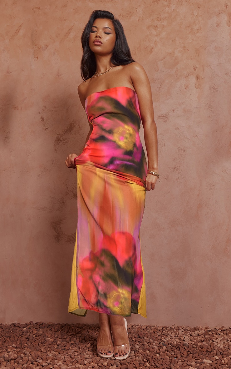Robe Longue Bustier Oversize Mousseline Soie Multicolore Fleuri PrettyLittleThing FR