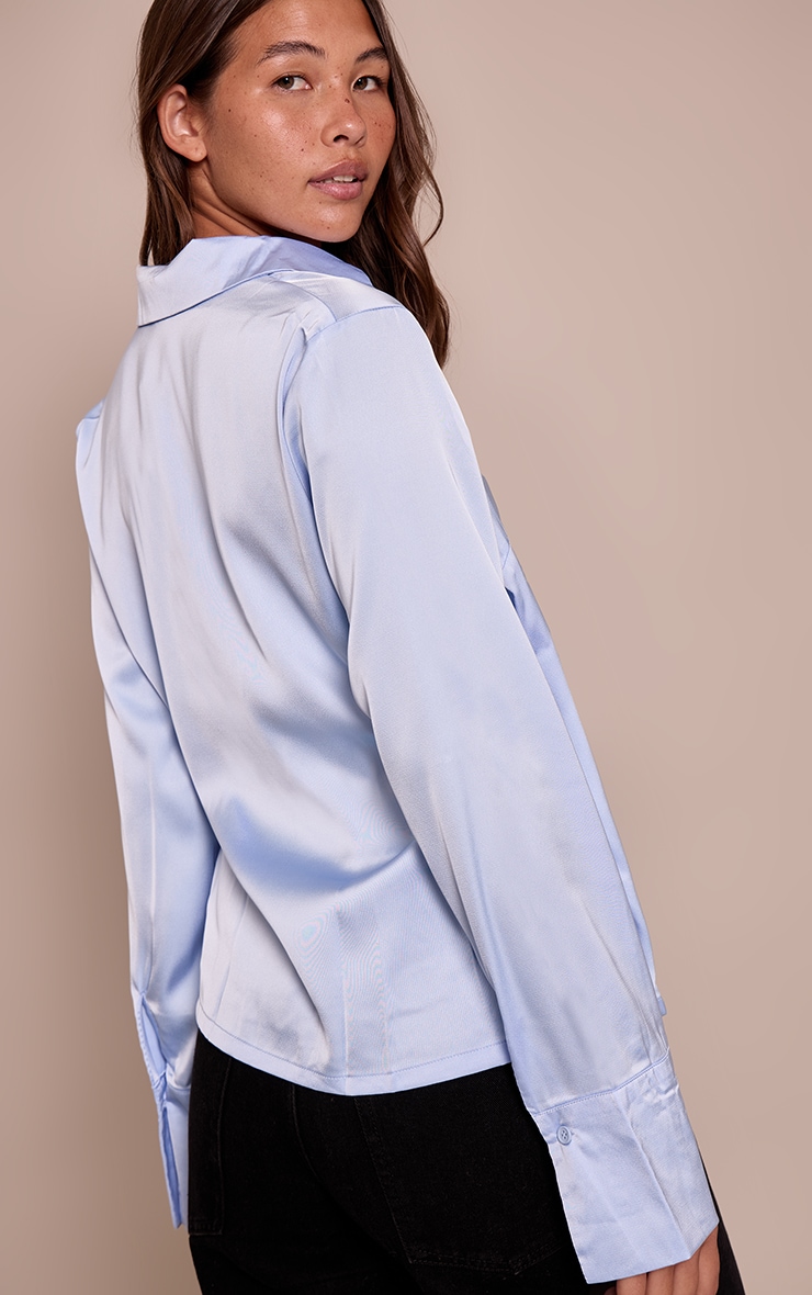 Blue Satin Tie Waist Detail Slouchy Shirt image 2