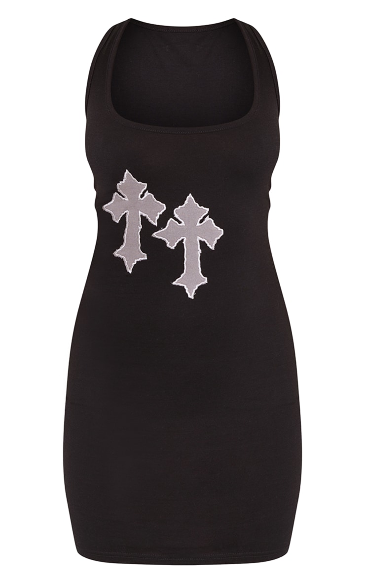 Black Cotton Applique Cross Bodycon Dress image 5