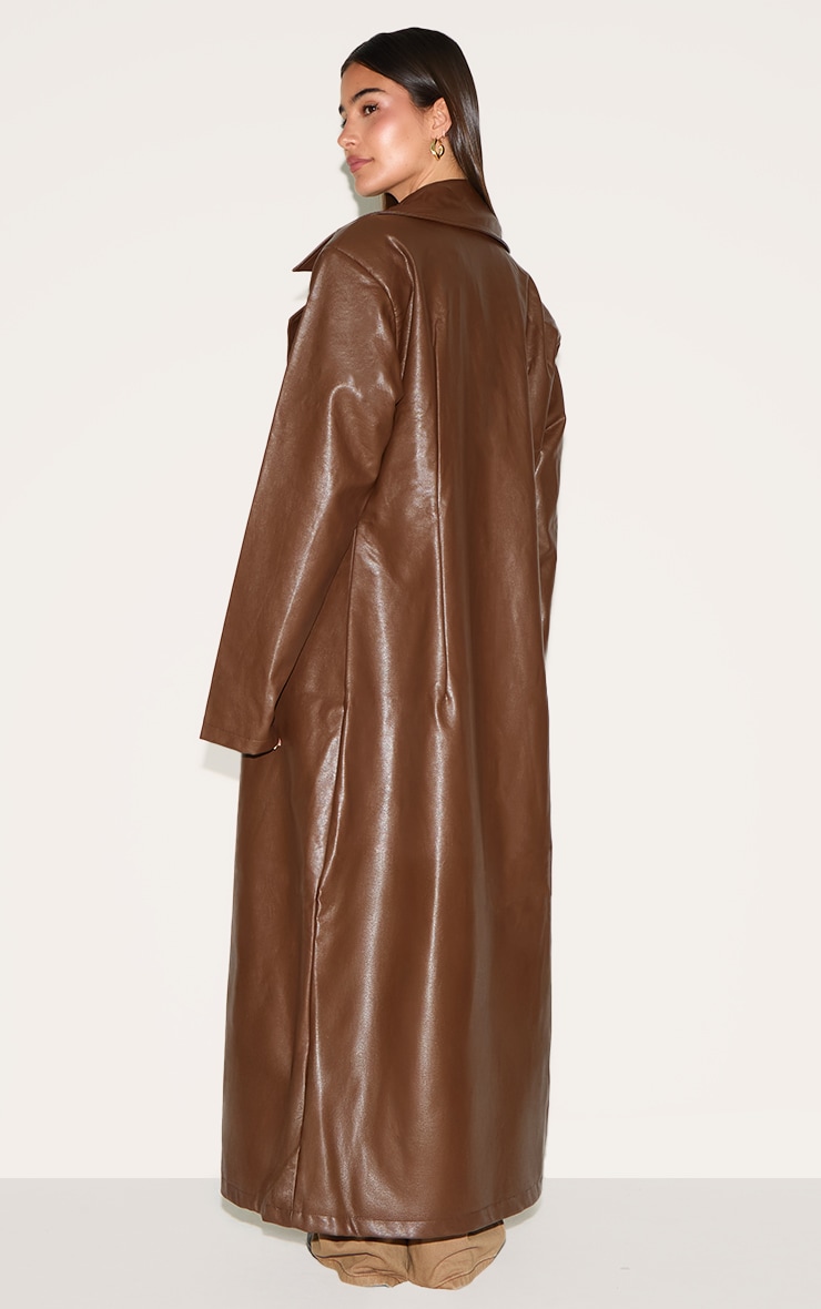 Chocolate Brown Oversized Faux Leather Maxi Trench image 2