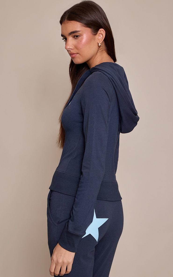Navy Star Print Fitted Zip Up Hoodie image 2