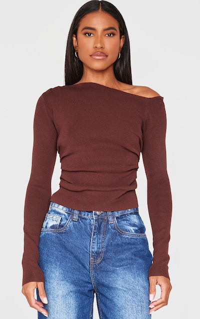 Top asymétrique en maille tricot fine chocolat