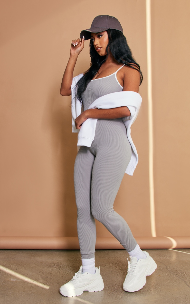 Grey Structured Contour Rib Contrast Strap Jumpsuit image 3