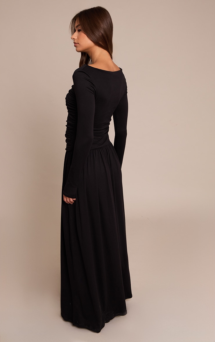 Black Soft Touch Jersey Ruched Long Sleeve Maxi Dress image 2
