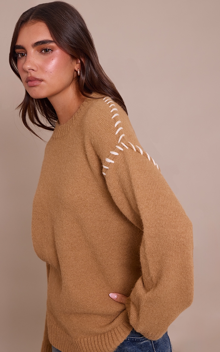 Camel Blanket Stitch Knit Sweater image 4