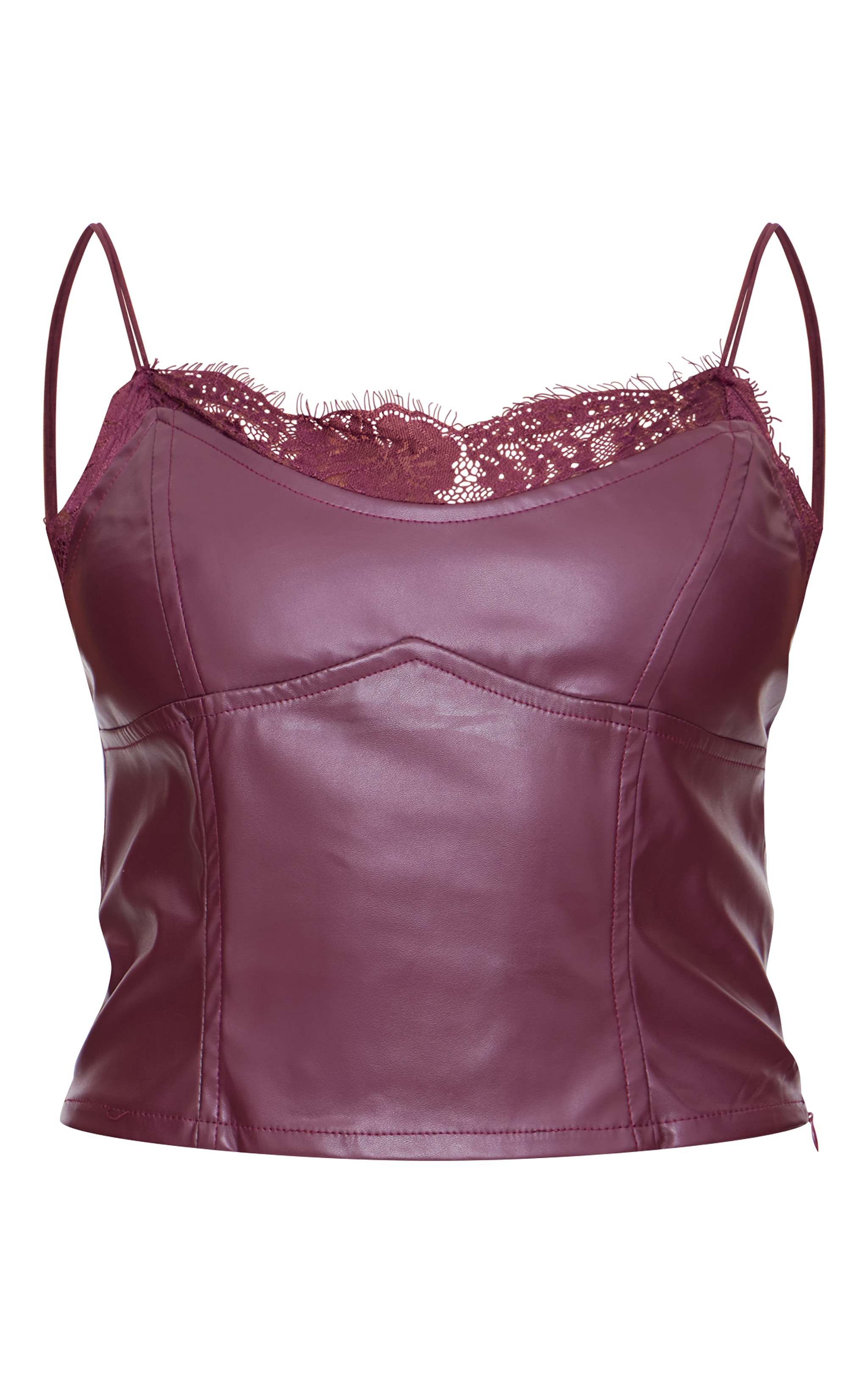 Burgundy Matte Faux Leather Lace Trim Cami Top image 5