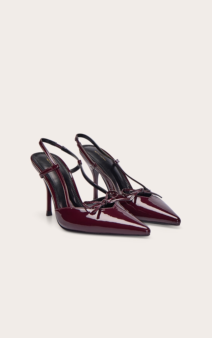 Plum PU Patent Point Toe Bow Detail Mid Heel Courts image 3
