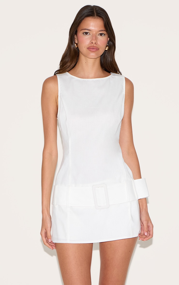 White Drop Waist Belt Detail A Line Skort Romper image 3