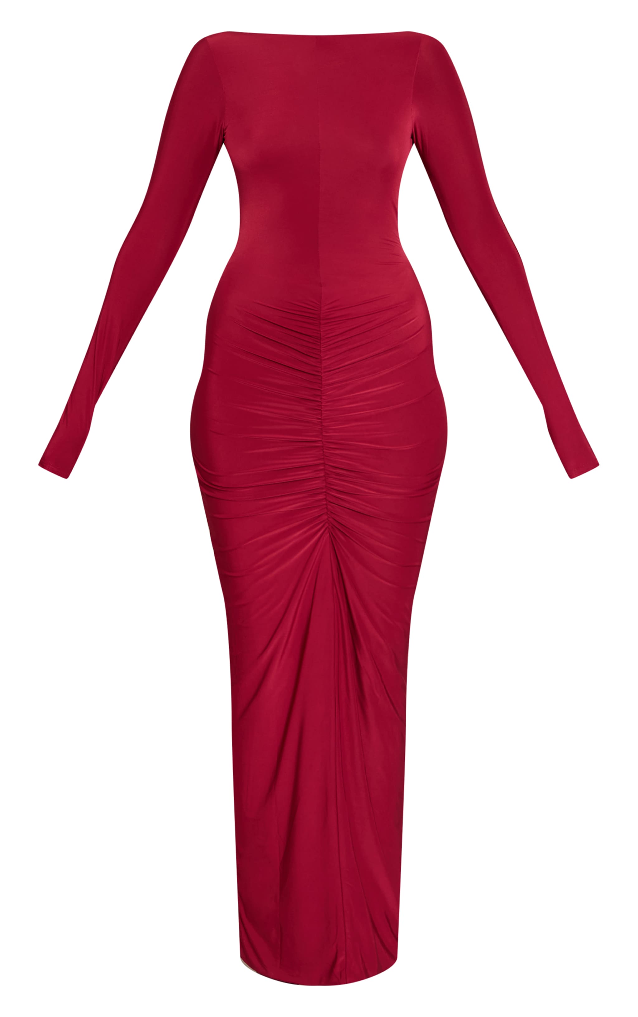 Wine Slinky Ruched Low Back Maxi Dress image 5